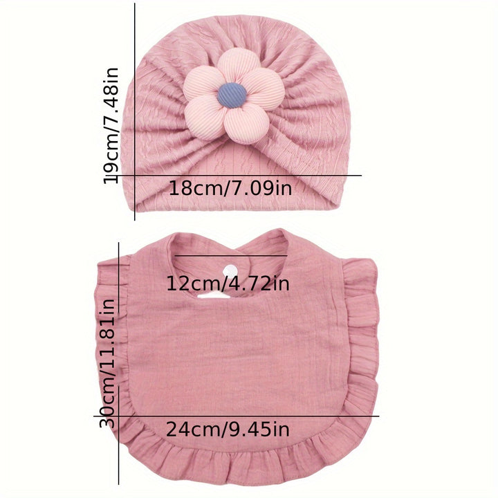 2pcs Baby Floral Hat And Bib Set, Soft Ruffled Bib And Flower Accent Baby Cap, Nursery Decoration, Infant Accessories, Newborn Gift Set