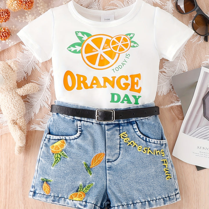 2-Piece Adorable Orange Letter Embroidered Casual Summer Outfit - Soft T-Shirt & Stylish Denim Shorts Set for Toddler & Infant Girls - Perfect for Daily, Holiday, Party, and Special Occasions