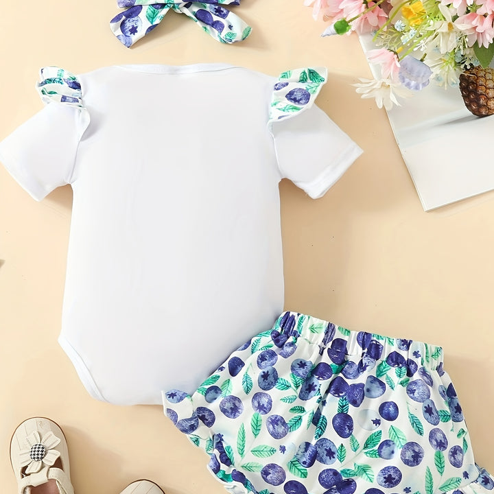 2pcs Baby Girls Casual Ruffle Triangle Romper Set - Adorable Short Sleeve Summer Outfit with Bow Allover Print Shorts and Matching Headband - Blueberry Fruit and Letter Print Design - Perfect for Baby Girls Everyday Wear