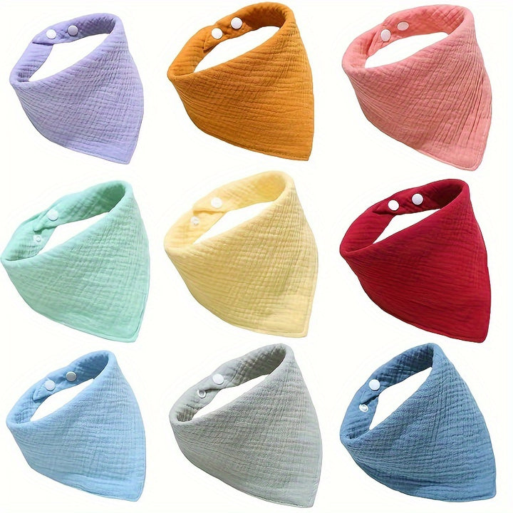 9pcs Soft & Absorbent Cotton Baby Feeding Bibs - Thin Gauze, Triangular Design with Snap Closure for Easy Cleanup