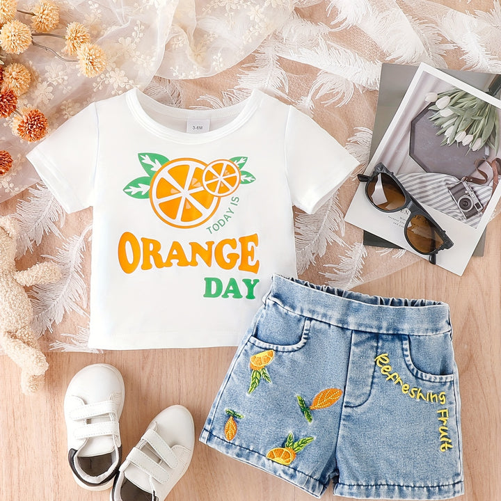 2-Piece Adorable Orange Letter Embroidered Casual Summer Outfit - Soft T-Shirt & Stylish Denim Shorts Set for Toddler & Infant Girls - Perfect for Daily, Holiday, Party, and Special Occasions