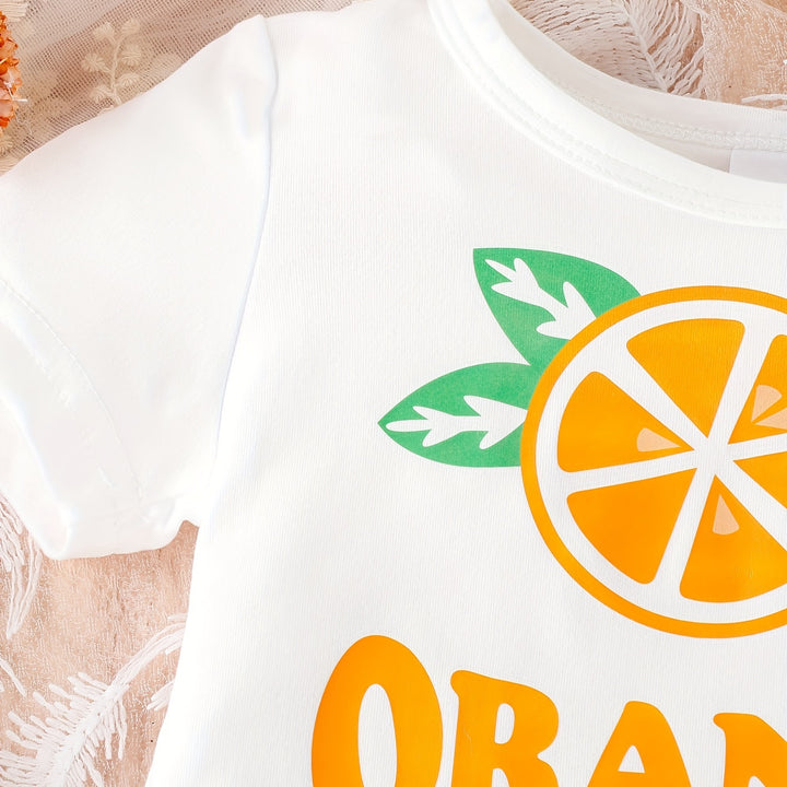 2-Piece Adorable Orange Letter Embroidered Casual Summer Outfit - Soft T-Shirt & Stylish Denim Shorts Set for Toddler & Infant Girls - Perfect for Daily, Holiday, Party, and Special Occasions