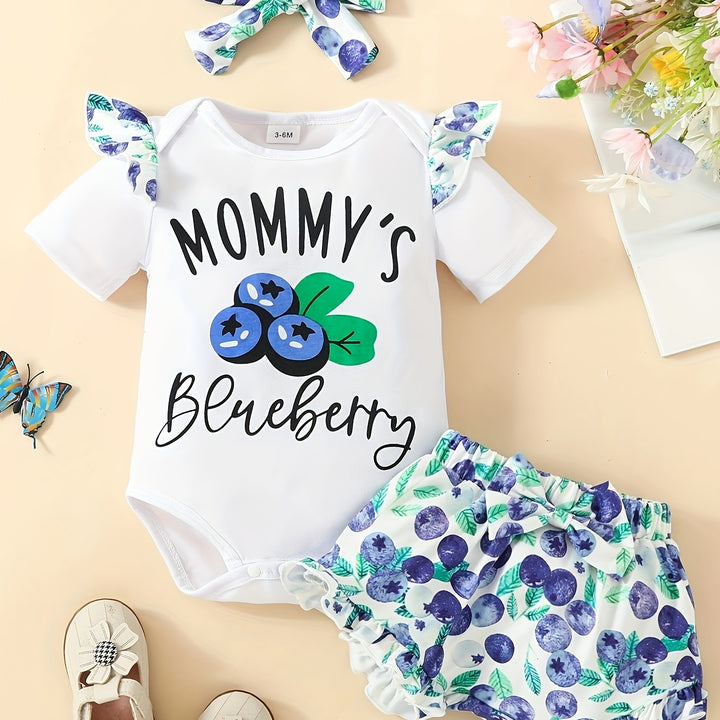 2pcs Baby Girls Casual Ruffle Triangle Romper Set - Adorable Short Sleeve Summer Outfit with Bow Allover Print Shorts and Matching Headband - Blueberry Fruit and Letter Print Design - Perfect for Baby Girls Everyday Wear