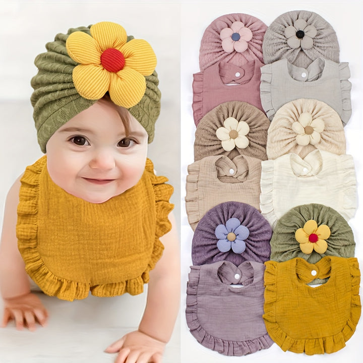 2pcs Baby Floral Hat And Bib Set, Soft Ruffled Bib And Flower Accent Baby Cap, Nursery Decoration, Infant Accessories, Newborn Gift Set